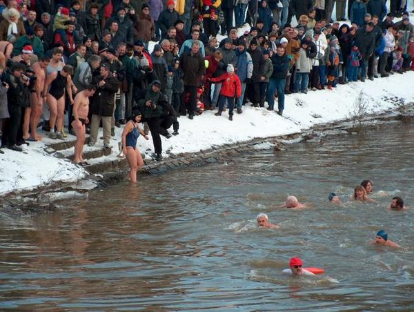 Otužilci ve Svratce v Brně-Bystrci 1. ledna 2003 (Novotný 2003).