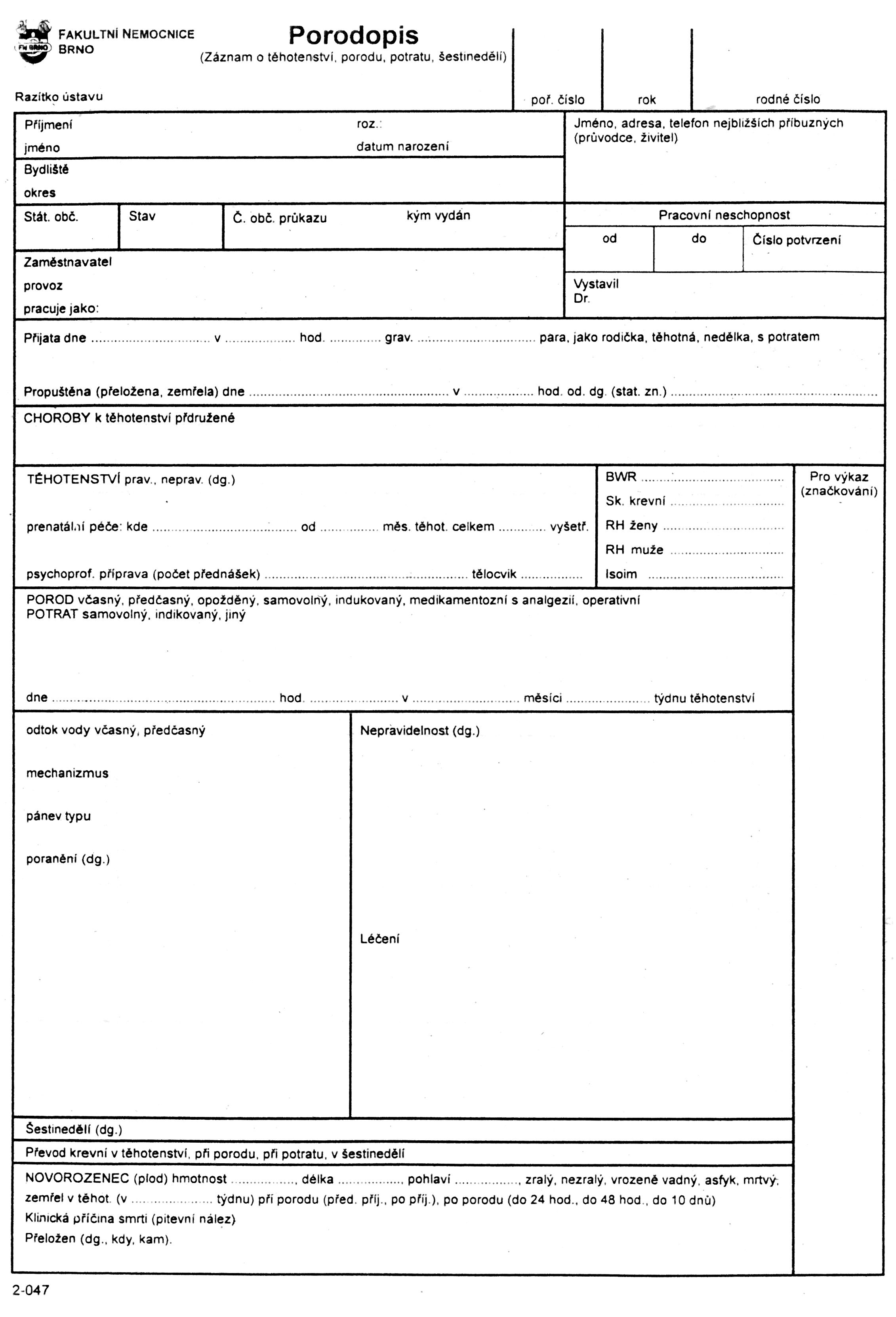 Porodopis strana 1 (dokumentace FN Brno, Gynekologicko-porodnická klinika