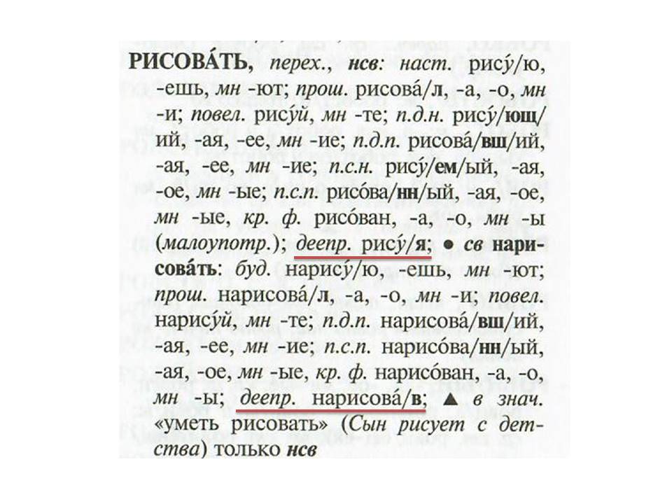 Формы деепричастий от глаголов рисовать, нарисовать в грамматическом словаре русского языка