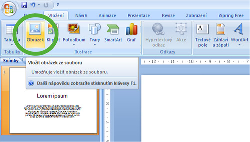 Obr. 7: MS PowerPoint 2007 – Vyvolání nabídky pro vložení obrázku