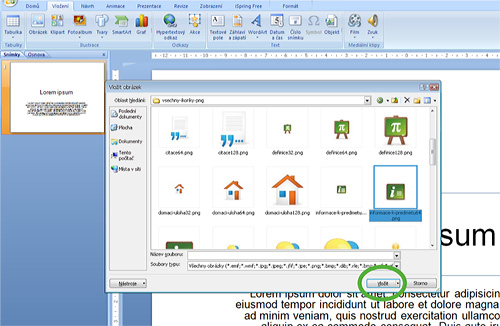 Obr. 8: MS PowerPoint 2007 – Nabídka Vložit obrázek