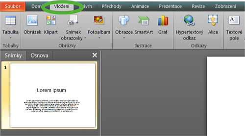 Obr. 10: MS PowerPoint 2010 – Přepnutí na panel Vložení