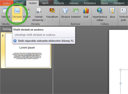 Obr. 11: MS PowerPoint 2010 – Vyvolání nabídky pro vložení obrázku
