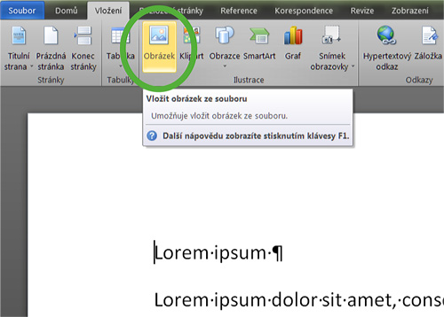 Obr. 11: MS Word 2010 – Vyvolání nabídky pro vložení obrázku