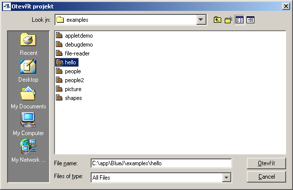 Otevření hotového projektu v BlueJ