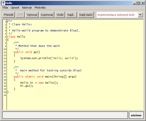 Editace zdrojového kódu třídy Hello