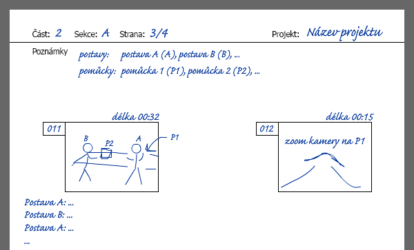 Stejná část scénáře znázorněná pomocí storyboardu