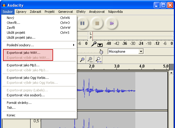 Exportování nahrané zvukové stopy do formátu WAV