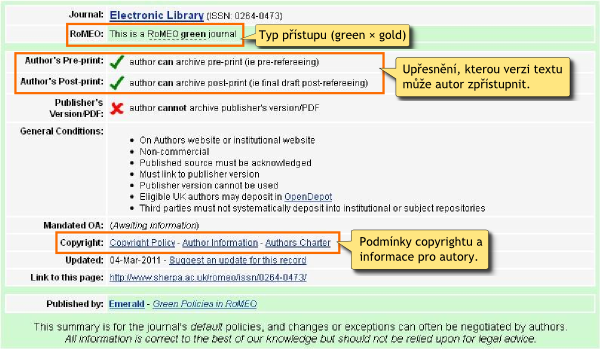  <ol> <li> <p>Typ přístupu (green × gold)</p>
 </li>
 <li> <p>Upřesnění, kterou verzi textu může autor zpřístupnit.</p>
 </li>
 <li> <p>Podmínky copyrightu a informace pro autory.</p>
 </li>
 </ol>
 