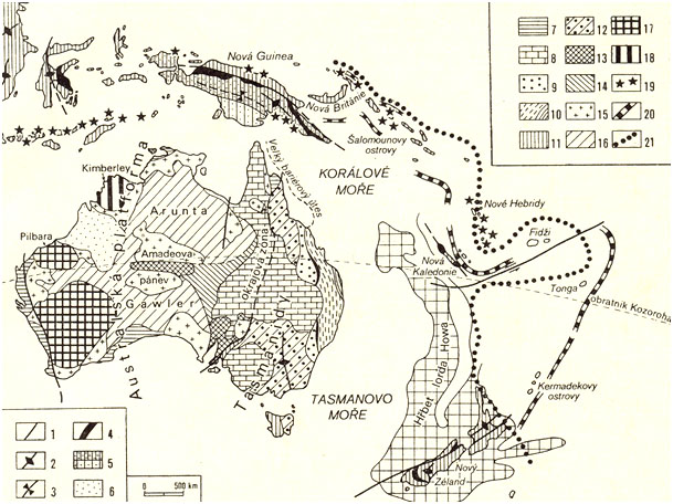 Strukturně geologická mapka Austrálie v kontextu sv. cípu Indicko-australské tektonické desky.