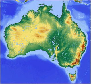 Hypsometrická mapa Austrálie