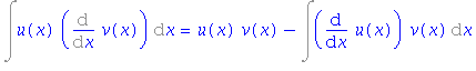 (Typesetting:-mprintslash)([Int(u(x)*(Diff(v(x), x)), x) = u(x)*v(x)-Int((diff(u(x), x))*v(x), x)], [Int(u(x)*(Diff(v(x), x)), x) = u(x)*v(x)-Int((diff(u(x), x))*v(x), x)])