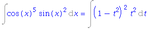 Int(cos(x)^5*sin(x)^2, x) = Int((1-t^2)^2*t^2, t)