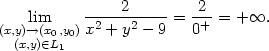  lim -----2----- = -2-= + ∞. (x,y)→(x0,y0)x2 + y2 − 9 0+ (x,y)∈L1 