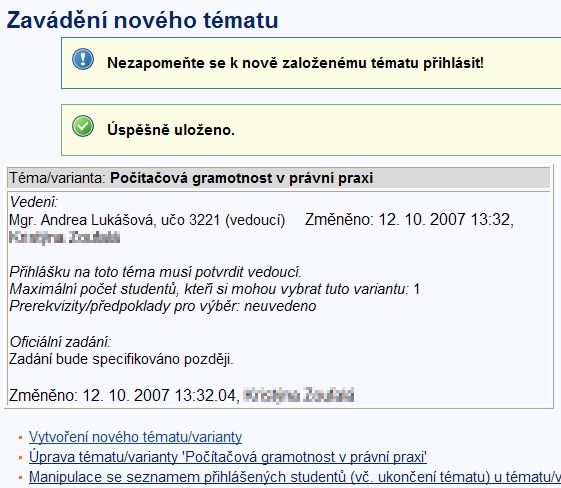 Student zakládá nové téma