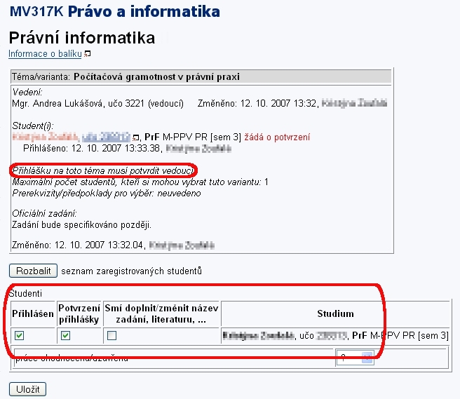 Učitel potvrzuje studentovo téma